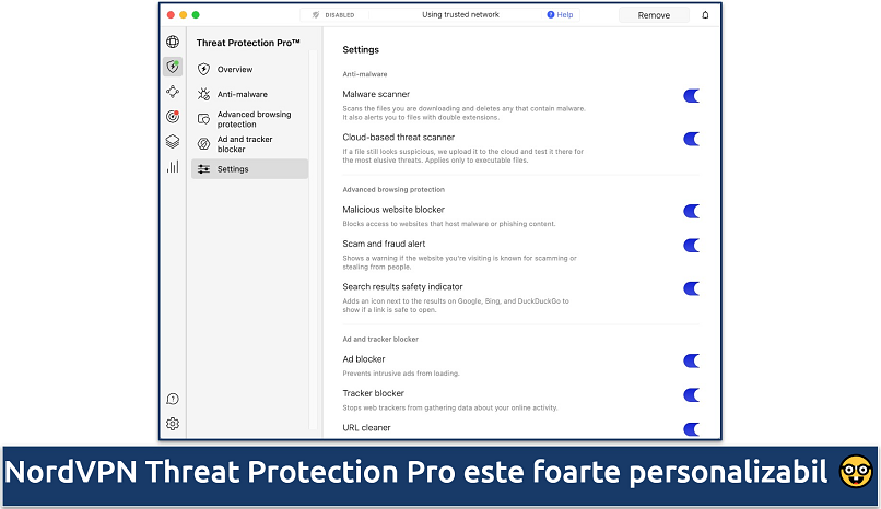 Screenshot showing the settings for NordVPN's Threat Protection Pro