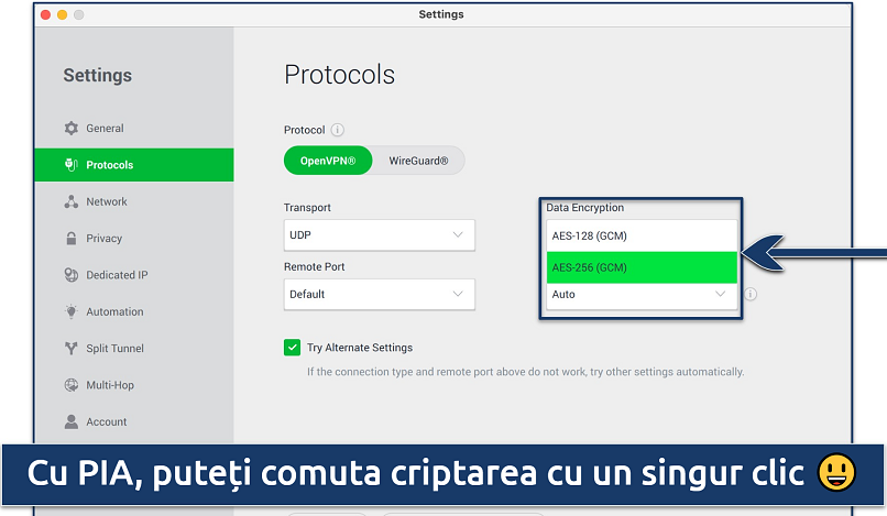 Screenshot showing the Protocols panel in PIA's Settings