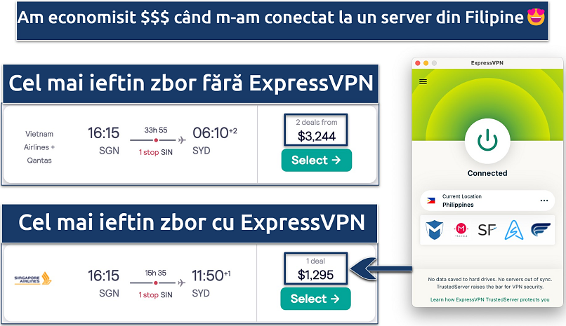 Screenshot showing savings made on a single flight fare with ExpressVPN