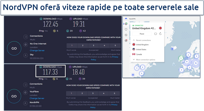 Screenshot of NordVPN's speed test results