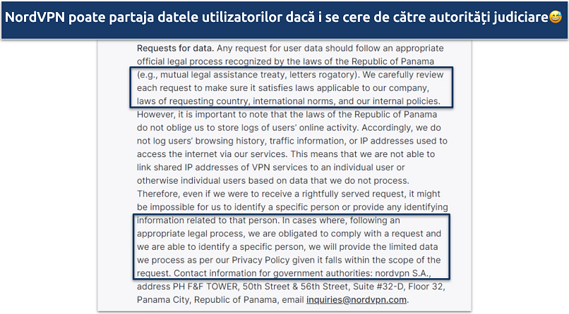 Screenshot of NordVPN's privacy policy showing it may share user data is requested