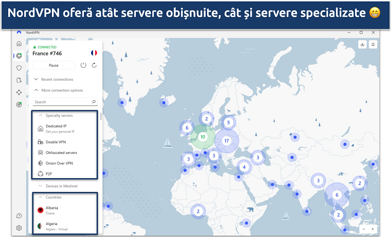 Screenshot of NordVPN's Windows app highlighting the specialty and regular servers