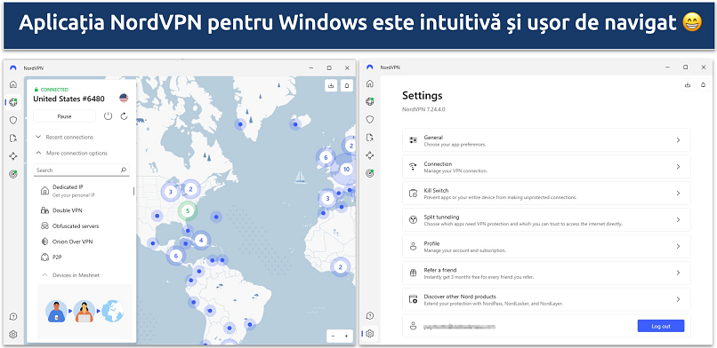 Screenshot of NordVPN's Windows app showing the app server page and the settings page