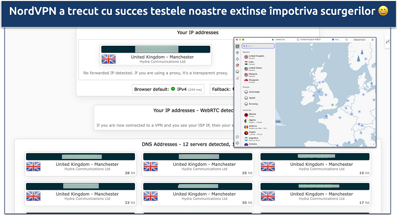 Screenshot of NordVPN's leak protection test