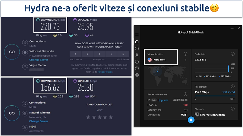 Screenshot of Hotspot Shield's speed test results