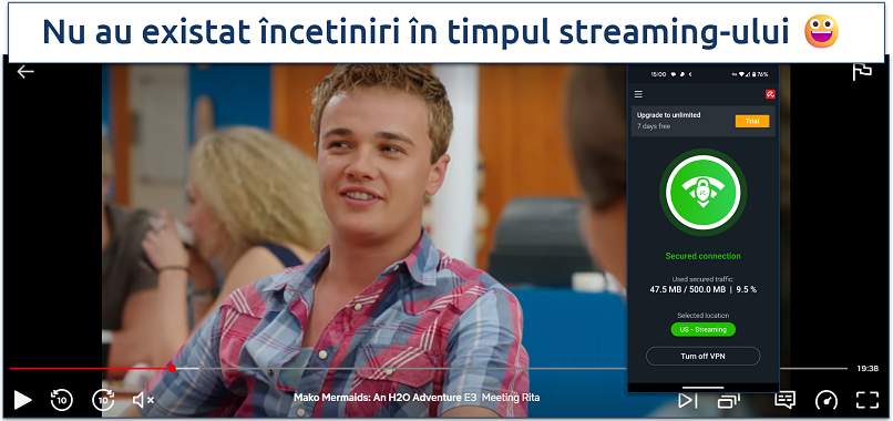 O captură de ecran cu Seinfeld în streaming pe Netflix US, conectat la un server Avira Phantom VPN din SUA