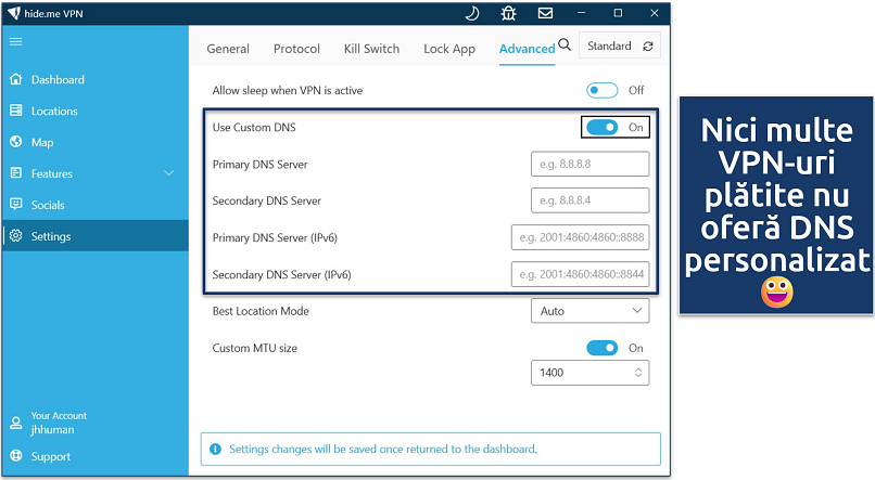 Screenshot of the advanced VPN settings in the hide.me Windows app
