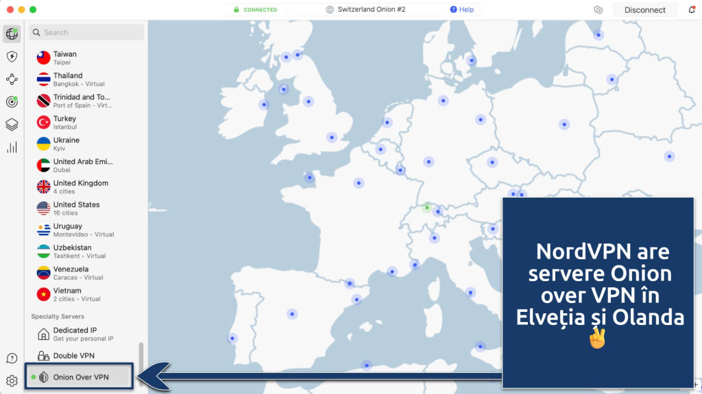 Screenshot showing NordVPN's Onion Over VPN servers