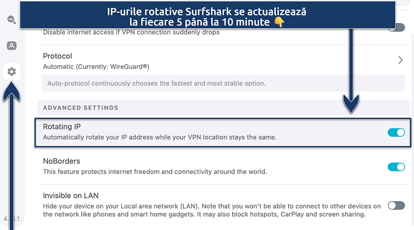 Screenshot showing Surfshark's Rotating IP feature