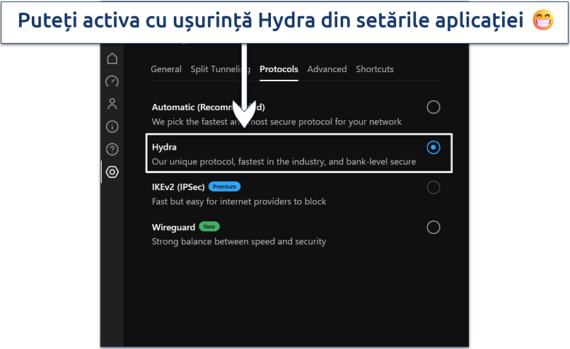 Screenshot showing how to enable Hydra protocol