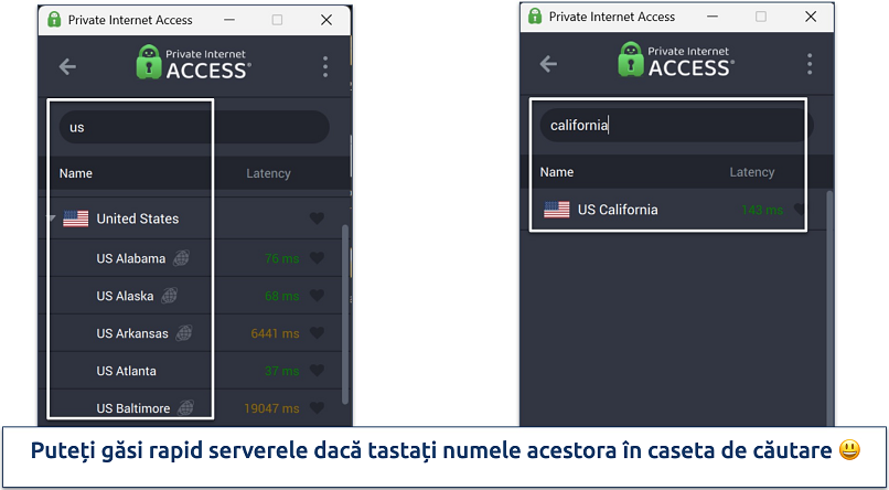 Screenshot of Private Internet Access' Windows app highlighting how to use the server search bar