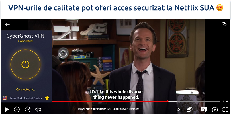 Screenshot of Netflix US streaming How I Met Your Mother while connected to CyberGhost's Netflix-optimizer server