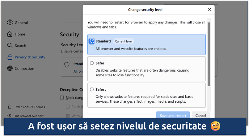 Screenshots of the Tor Browser Change security settings page