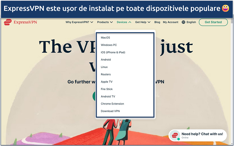 Screenshots of the ExpressVPN website home page with its app download options