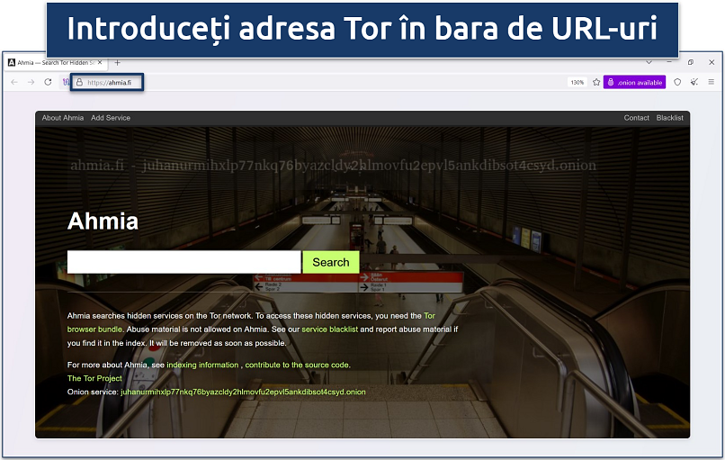 Screenshots of the Ahmia search engine home page on the Tor Browser