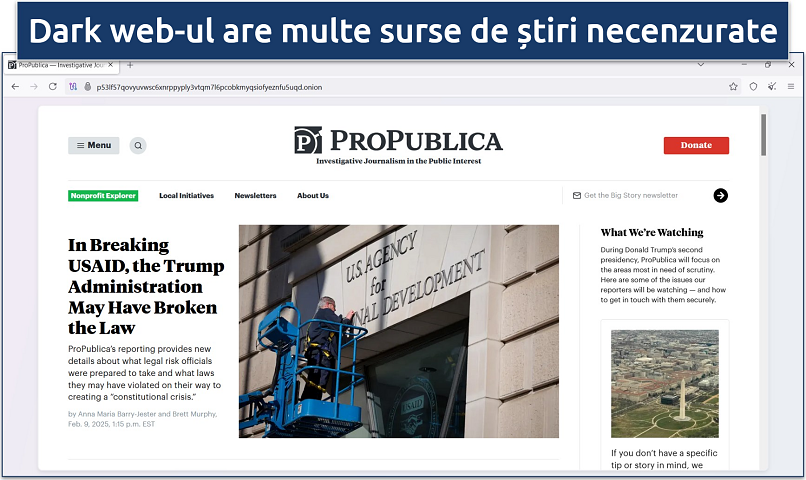 Screenshots of the ProPublica onion site on the Tor Browser